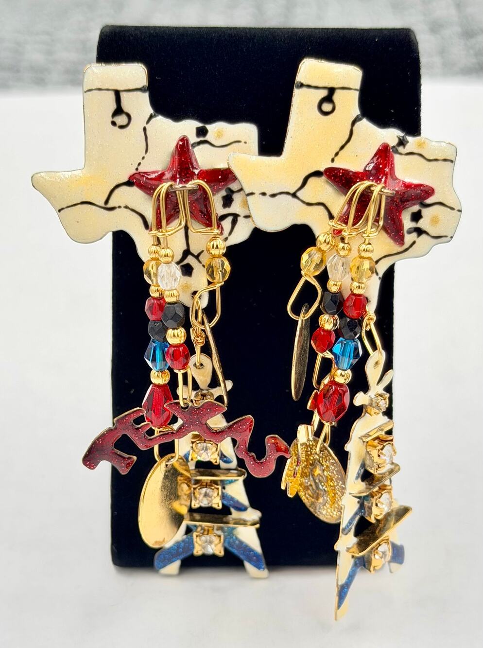 Whimsical LUNCH AT THE RITZ Enamel Texas Tea Lonestar Chandelier Clip Earrings